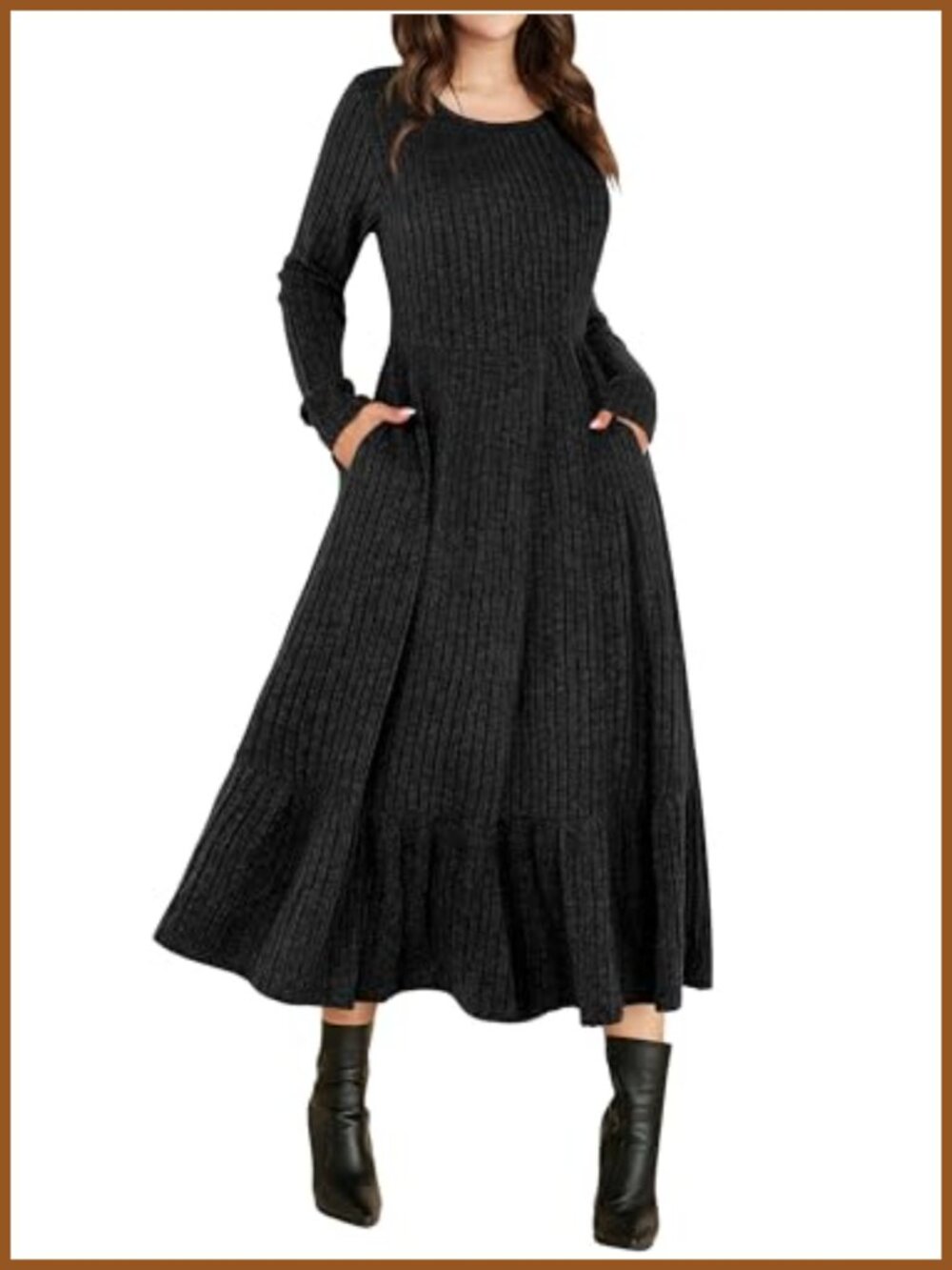 Long Sleeve Midi Dress A-Line Ribbed Knit Side Pockets Casual Fall